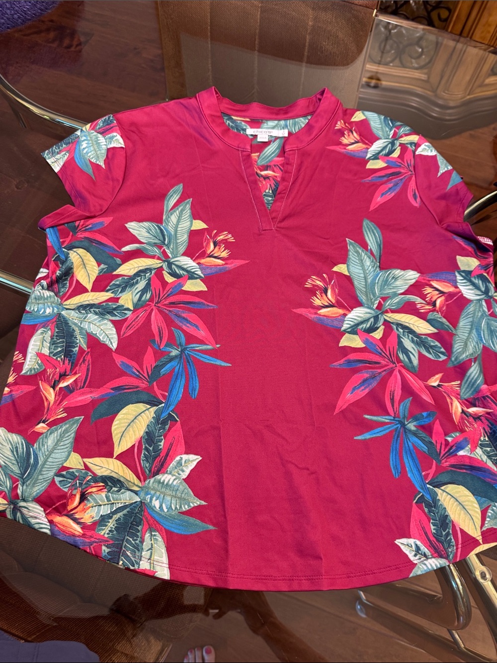 Chico's Tropical Floral Short-Sleeve Tunic in Raspberry